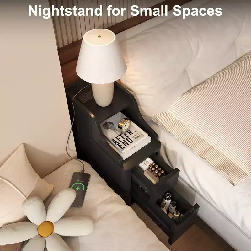 Wooden Small 2 Drawer Nightstand, Side Table with Charger Station for Bedroom Living Room