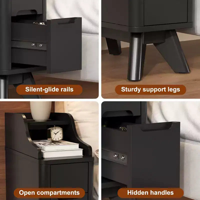 Wooden Small 2 Drawer Nightstand, Side Table with Charger Station for Bedroom Living Room