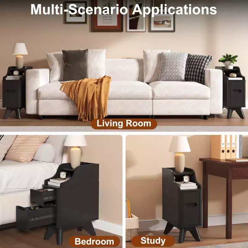 Wooden Small 2 Drawer Nightstand, Side Table with Charger Station for Bedroom Living Room