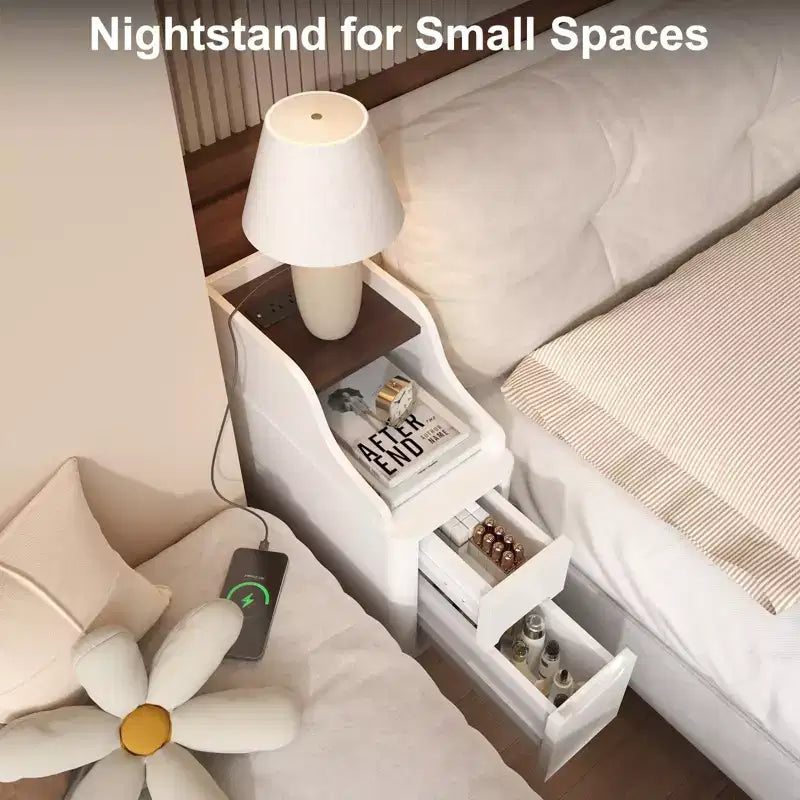 Wooden Small 2 Drawer Nightstand, Side Table with Charger Station for Bedroom Living Room