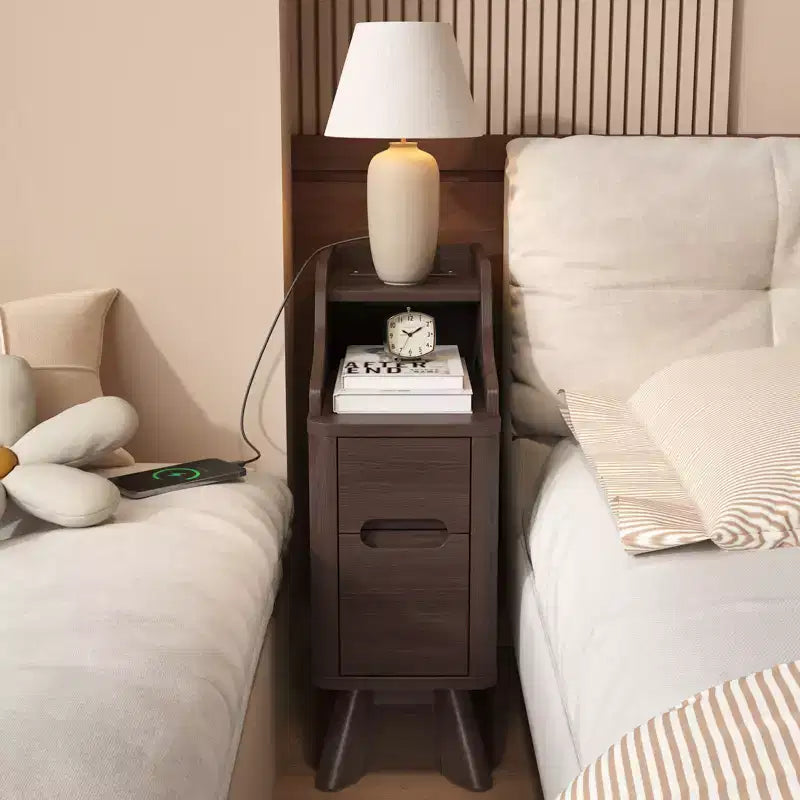 Wooden Small 2 Drawer Nightstand, Side Table with Charger Station for Bedroom Living Room