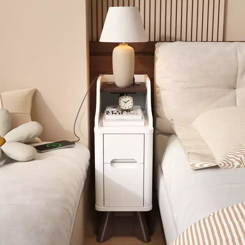 Wooden Small 2 Drawer Nightstand, Side Table with Charger Station for Bedroom Living Room