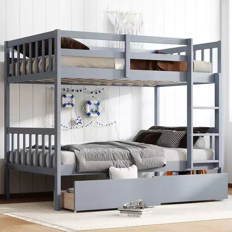 Sailvan Twin Over Twin Rubber Wood Bunk Bed with 2 Drawers, Convertible into 2 Twin Beds