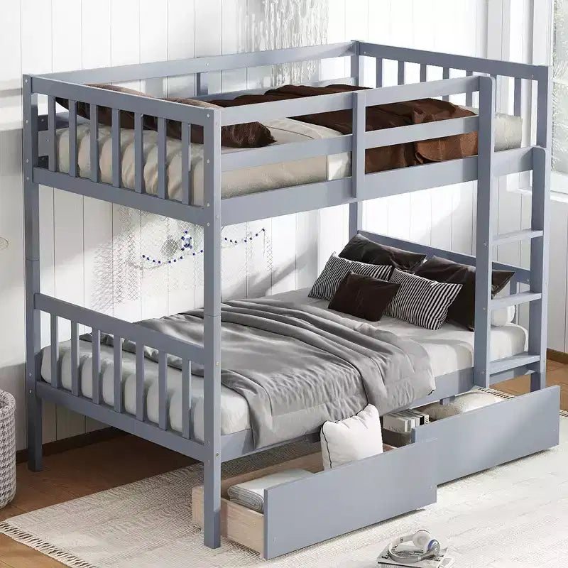 Sailvan Twin Over Twin Rubber Wood Bunk Bed with 2 Drawers, Convertible into 2 Twin Beds