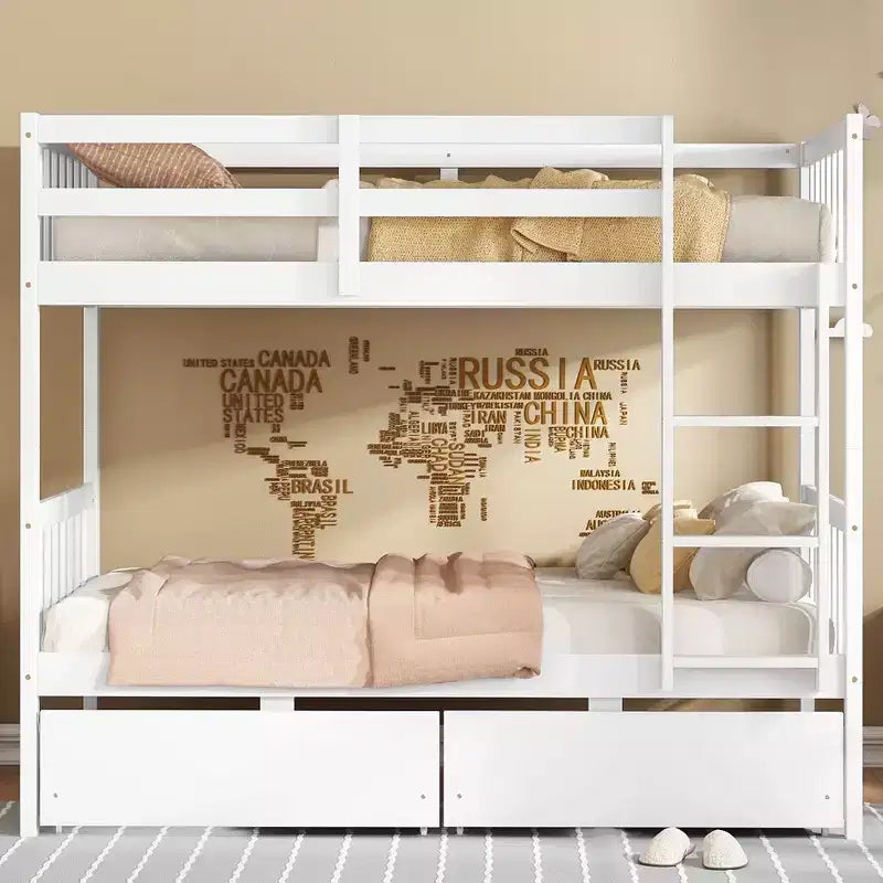 Sailvan Twin Over Twin Rubber Wood Bunk Bed with 2 Drawers, Convertible into 2 Twin Beds