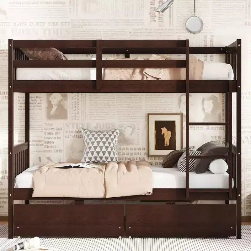 Sailvan Twin Over Twin Rubber Wood Bunk Bed with 2 Drawers, Convertible into 2 Twin Beds