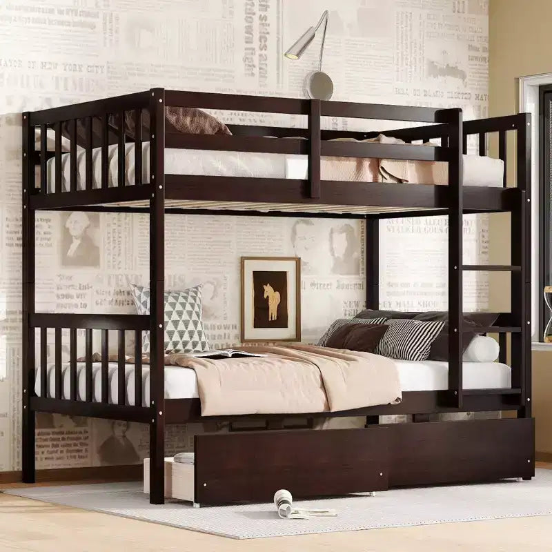 Sailvan Twin Over Twin Rubber Wood Bunk Bed with 2 Drawers, Convertible into 2 Twin Beds