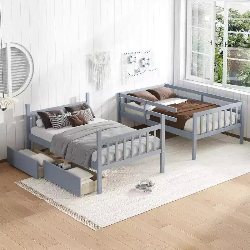Sailvan Twin Over Twin Rubber Wood Bunk Bed with 2 Drawers, Convertible into 2 Twin Beds