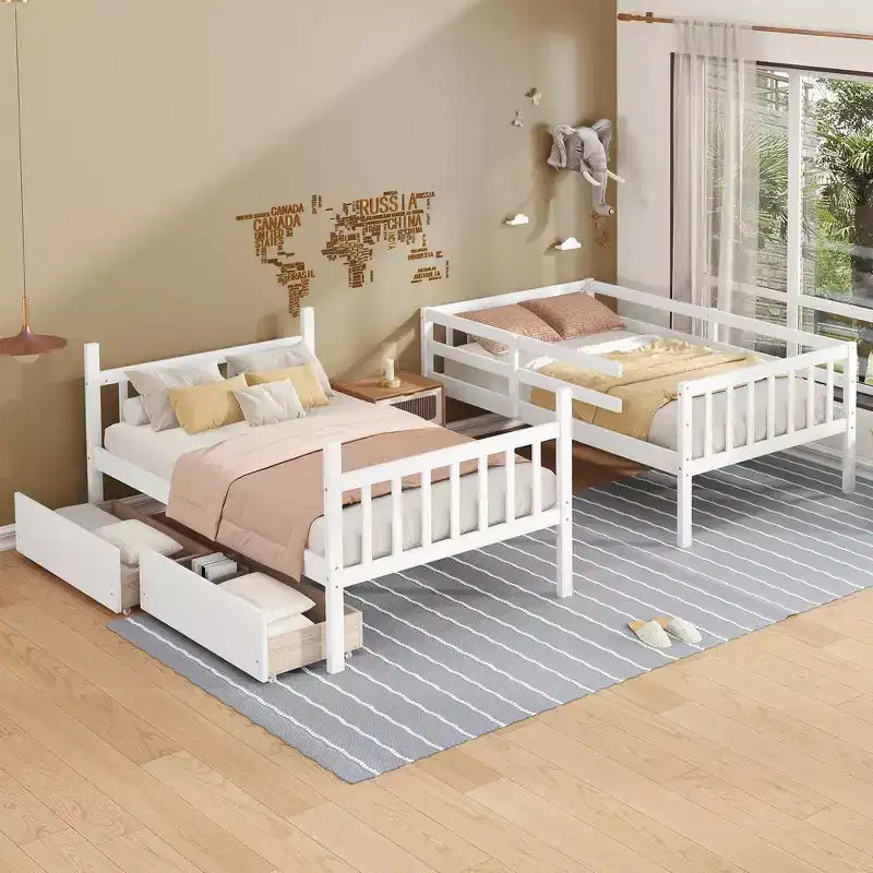 Sailvan Twin Over Twin Rubber Wood Bunk Bed with 2 Drawers, Convertible into 2 Twin Beds