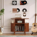 Mid-Century Oval Record Player Stand w/ Charging Station, Arched Wood Vinyl Storage Cabinet & Display Holder, End Table for Music & Living Room