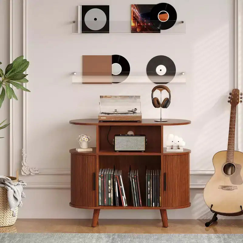 Mid-Century Oval Record Player Stand w/ Charging Station, Arched Wood Vinyl Storage Cabinet & Display Holder, End Table for Music & Living Room