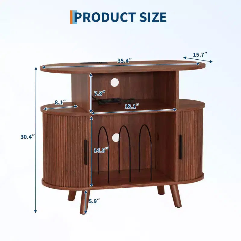 Mid-Century Oval Record Player Stand w/ Charging Station, Arched Wood Vinyl Storage Cabinet & Display Holder, End Table for Music & Living Room