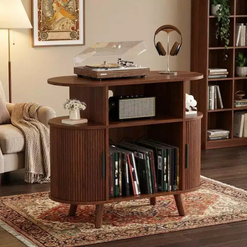 Mid-Century Oval Record Player Stand w/ Charging Station, Arched Wood Vinyl Storage Cabinet & Display Holder, End Table for Music & Living Room