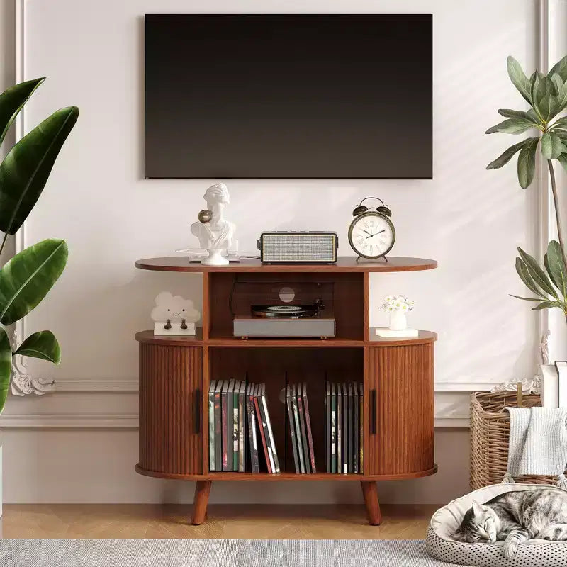Mid-Century Oval Record Player Stand w/ Charging Station, Arched Wood Vinyl Storage Cabinet & Display Holder, End Table for Music & Living Room
