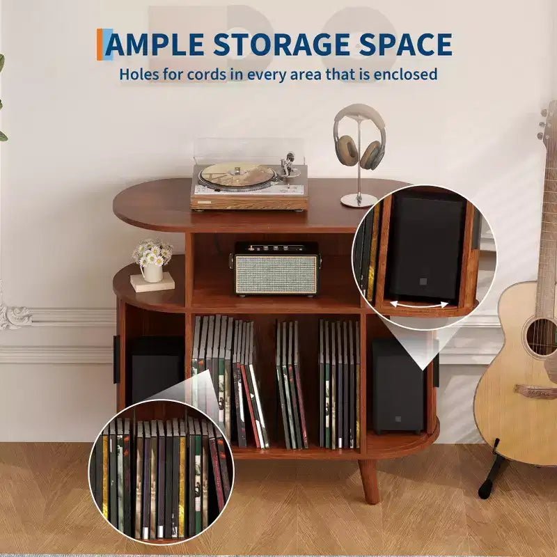 Mid-Century Oval Record Player Stand w/ Charging Station, Arched Wood Vinyl Storage Cabinet & Display Holder, End Table for Music & Living Room