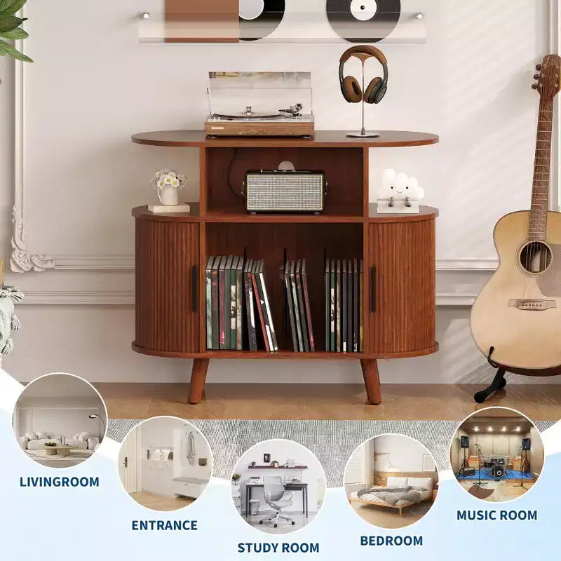 Mid-Century Oval Record Player Stand w/ Charging Station, Arched Wood Vinyl Storage Cabinet & Display Holder, End Table for Music & Living Room