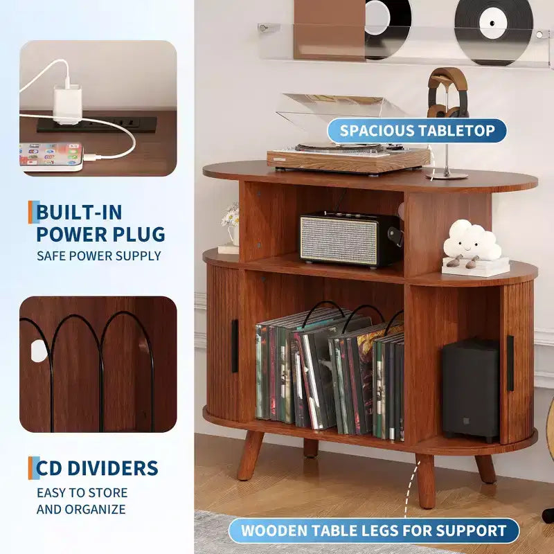 Mid-Century Oval Record Player Stand w/ Charging Station, Arched Wood Vinyl Storage Cabinet & Display Holder, End Table for Music & Living Room