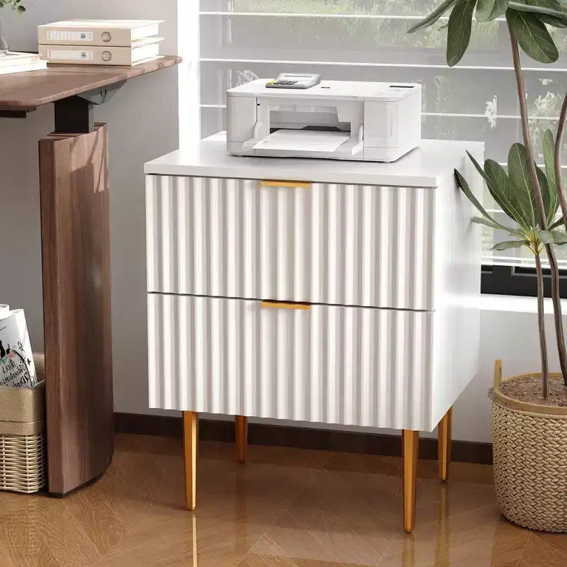 Set of 2 Modern Fluted Nightstands w/ Charging Station & 2 Drawers, Wood & Gold Accent Bedside End Table for Bedroom, Living Room & Couch