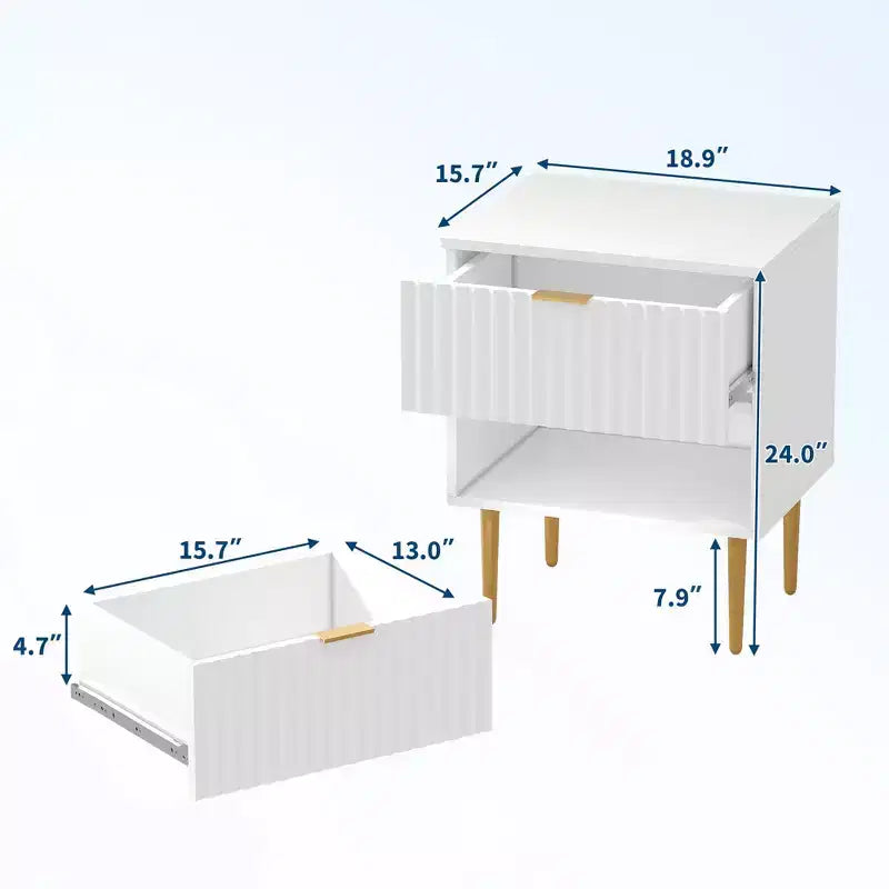Set of 2 Modern Fluted Nightstands w/ Charging Station & 2 Drawers, Wood & Gold Accent Bedside End Table for Bedroom, Living Room & Couch