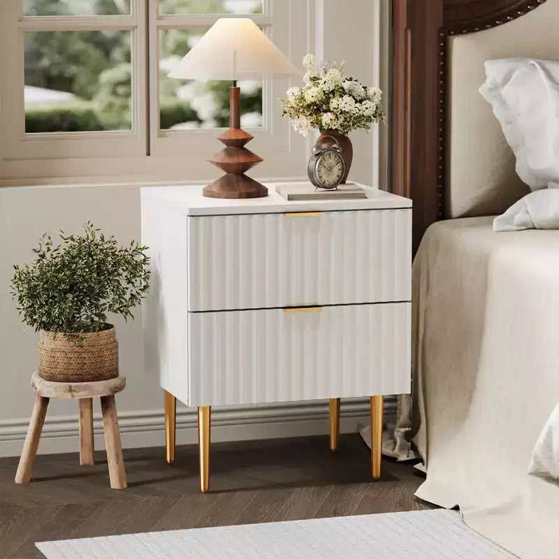 Set of 2 Modern Fluted Nightstands w/ Charging Station & 2 Drawers, Wood & Gold Accent Bedside End Table for Bedroom, Living Room & Couch