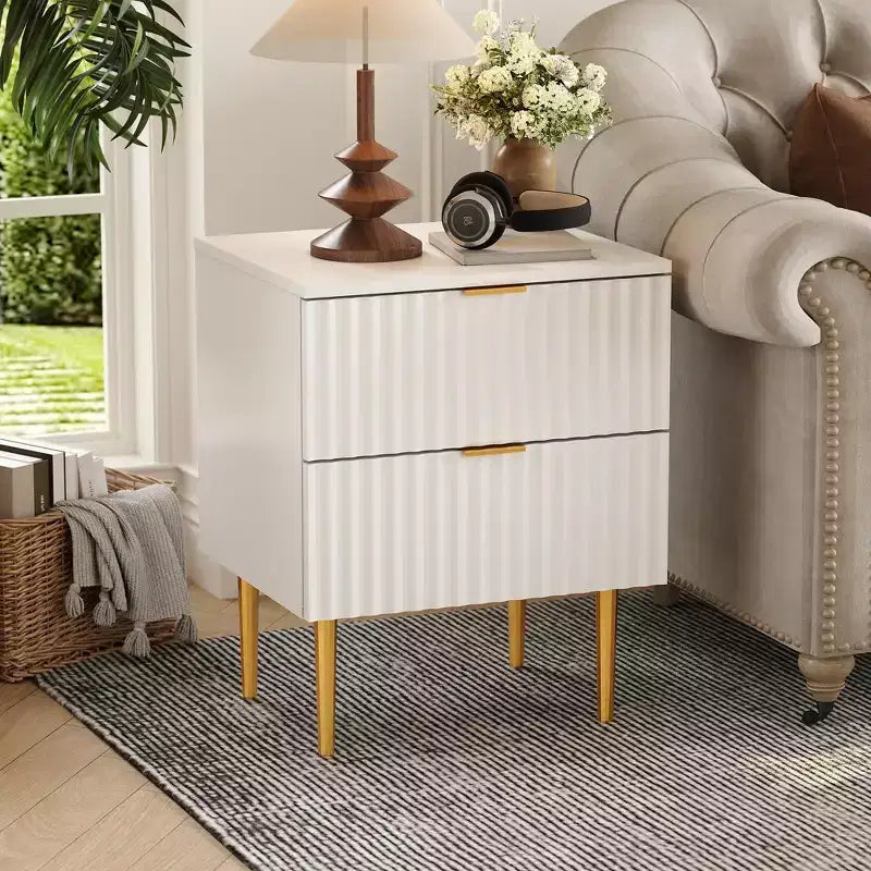 Set of 2 Modern Fluted Nightstands w/ Charging Station & 2 Drawers, Wood & Gold Accent Bedside End Table for Bedroom, Living Room & Couch