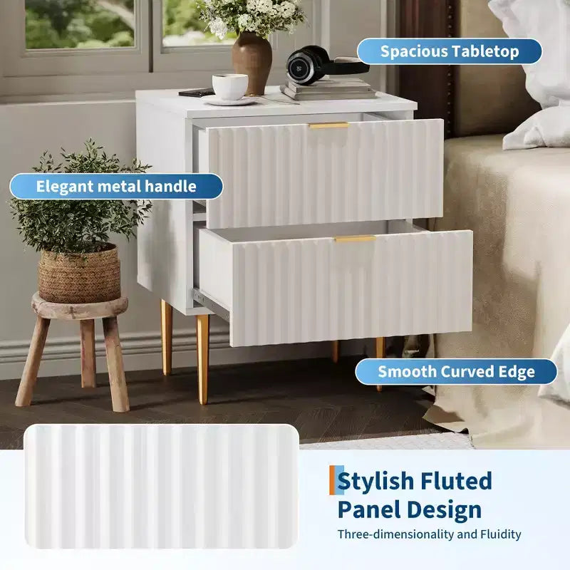 Set of 2 Modern Fluted Nightstands w/ Charging Station & 2 Drawers, Wood & Gold Accent Bedside End Table for Bedroom, Living Room & Couch