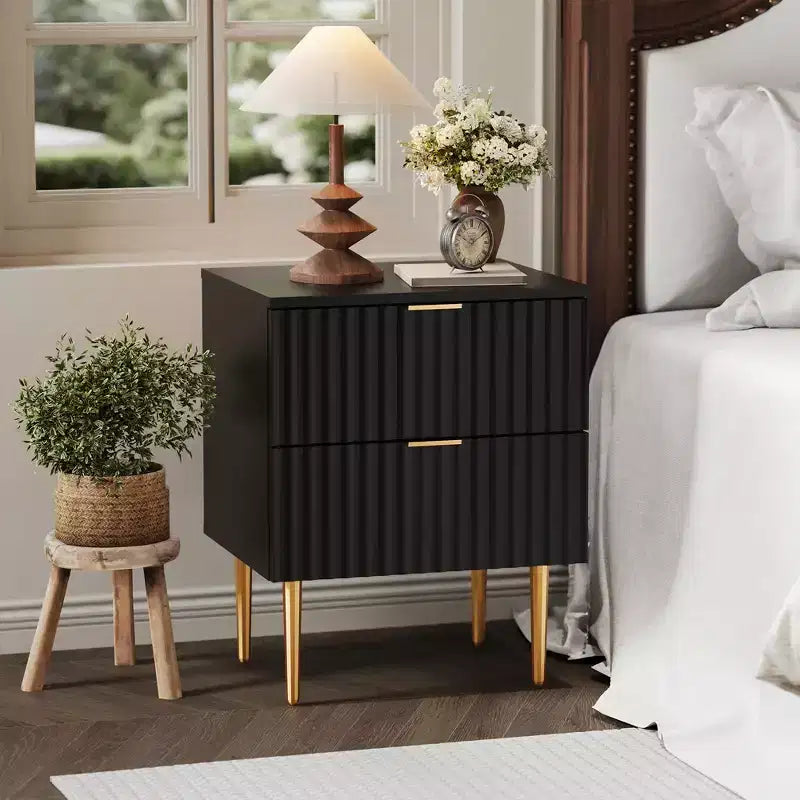 Set of 2 Modern Fluted Nightstands w/ Charging Station & 2 Drawers, Wood & Gold Accent Bedside End Table for Bedroom, Living Room & Couch