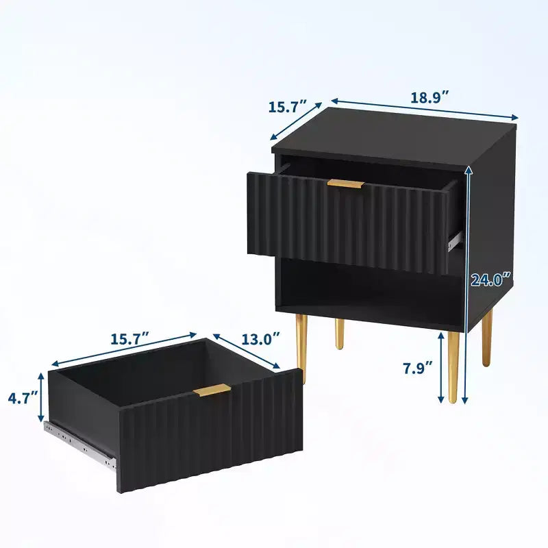 Set of 2 Modern Fluted Nightstands w/ Charging Station & 2 Drawers, Wood & Gold Accent Bedside End Table for Bedroom, Living Room & Couch