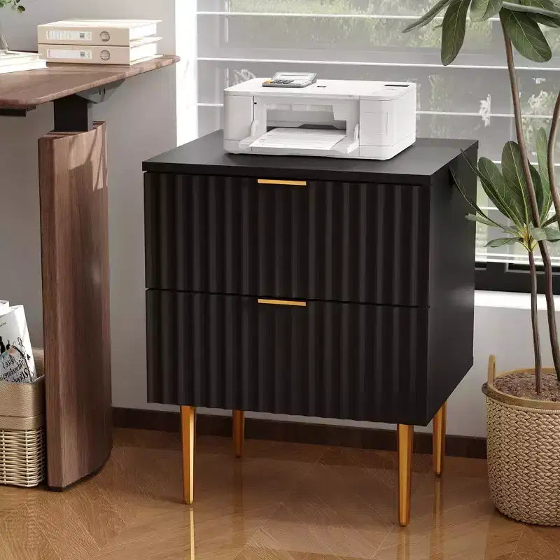 Set of 2 Modern Fluted Nightstands w/ Charging Station & 2 Drawers, Wood & Gold Accent Bedside End Table for Bedroom, Living Room & Couch