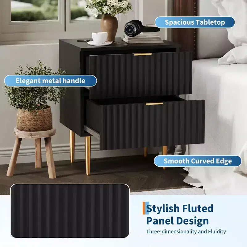 Set of 2 Modern Fluted Nightstands w/ Charging Station & 2 Drawers, Wood & Gold Accent Bedside End Table for Bedroom, Living Room & Couch