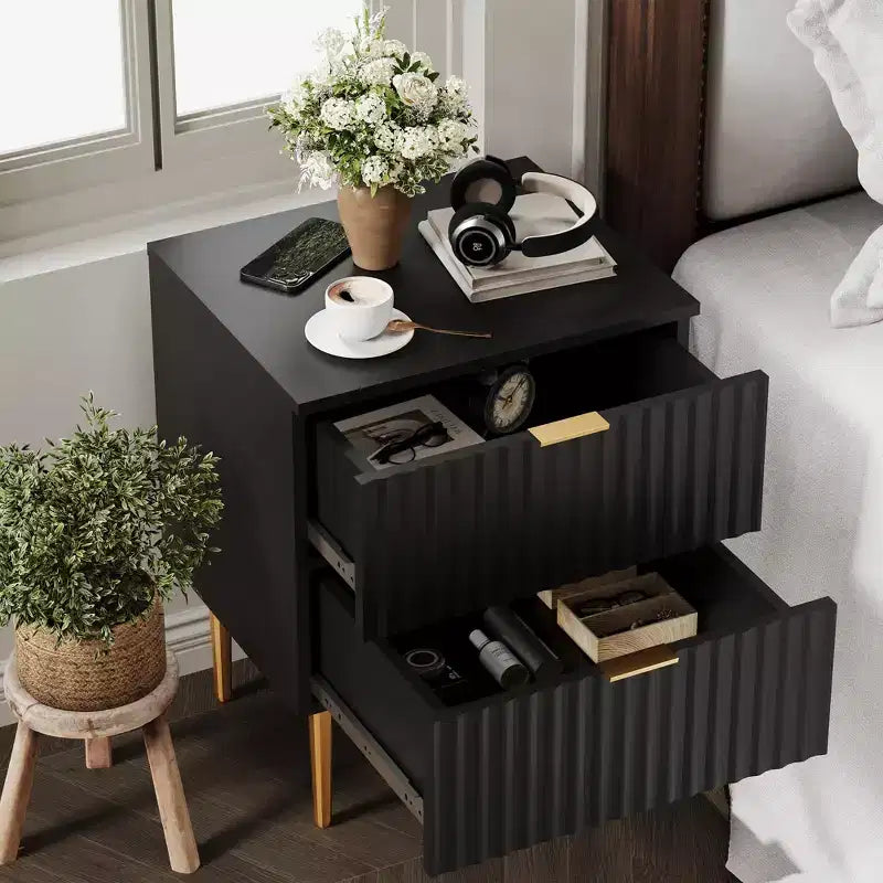 Set of 2 Modern Fluted Nightstands w/ Charging Station & 2 Drawers, Wood & Gold Accent Bedside End Table for Bedroom, Living Room & Couch