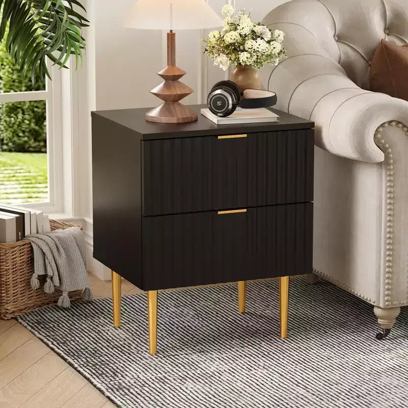 Set of 2 Modern Fluted Nightstands w/ Charging Station & 2 Drawers, Wood & Gold Accent Bedside End Table for Bedroom, Living Room & Couch