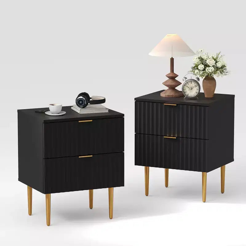 Set of 2 Modern Fluted Nightstands w/ Charging Station & 2 Drawers, Wood & Gold Accent Bedside End Table for Bedroom, Living Room & Couch