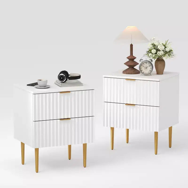 Set of 2 Modern Fluted Nightstands w/ Charging Station & 2 Drawers, Wood & Gold Accent Bedside End Table for Bedroom, Living Room & Couch
