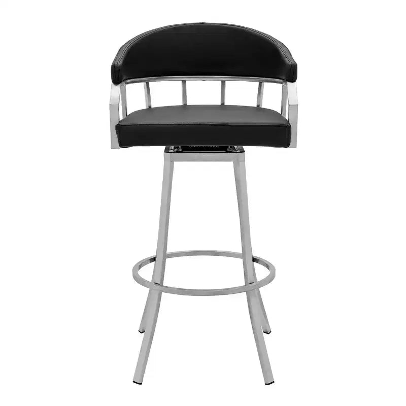 26" Palmdale Counter Height Barstool with Black Faux Leather Brushed Stainless Steel Finish - Armen Living: Swivel, Upholstered, Modern Design