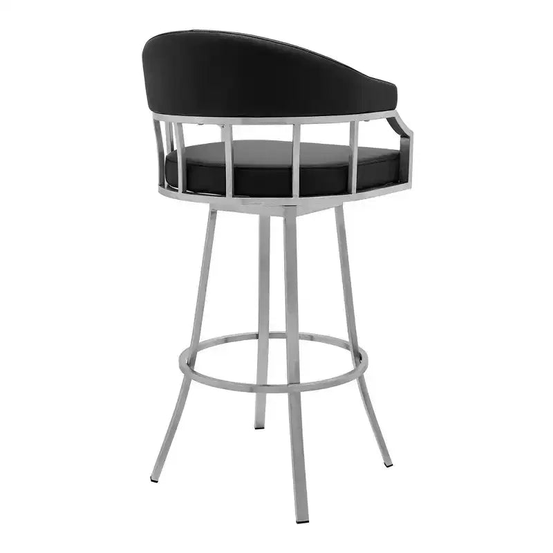 26" Palmdale Counter Height Barstool with Black Faux Leather Brushed Stainless Steel Finish - Armen Living: Swivel, Upholstered, Modern Design