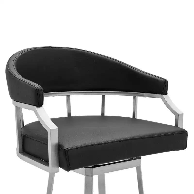 26" Palmdale Counter Height Barstool with Black Faux Leather Brushed Stainless Steel Finish - Armen Living: Swivel, Upholstered, Modern Design