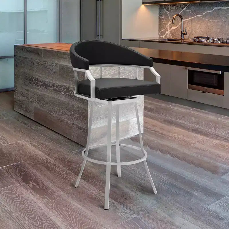 26" Palmdale Counter Height Barstool with Black Faux Leather Brushed Stainless Steel Finish - Armen Living: Swivel, Upholstered, Modern Design