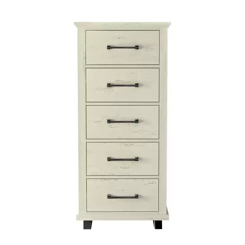24" Wide Chest of 5 Drawers with Stylish Metal Wood Grain Handles Saw Cut Off-White - Festivo