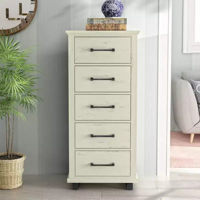 24" Wide Chest of 5 Drawers with Stylish Metal Wood Grain Handles Saw Cut Off-White - Festivo