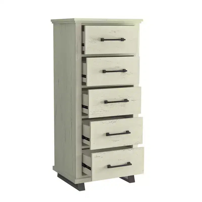 24" Wide Chest of 5 Drawers with Stylish Metal Wood Grain Handles Saw Cut Off-White - Festivo