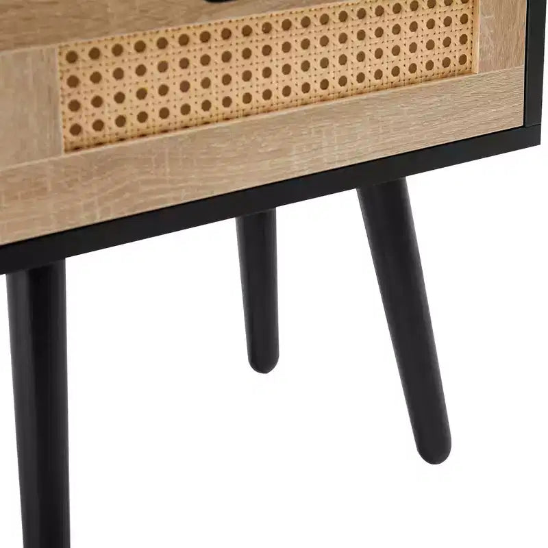 15.75 Rattan End table with Drawer and Solid Wood Legs, Modern Nightstand, Side Table for Living Roon, Bedroom-ModernLuxe