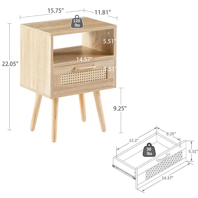 15.75 Rattan End table with Drawer and Solid Wood Legs, Modern Nightstand, Side Table for Living Roon, Bedroom-ModernLuxe