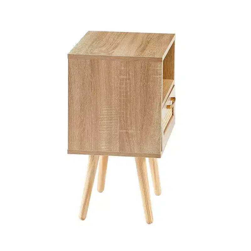 15.75 Rattan End table with Drawer and Solid Wood Legs, Modern Nightstand, Side Table for Living Roon, Bedroom-ModernLuxe