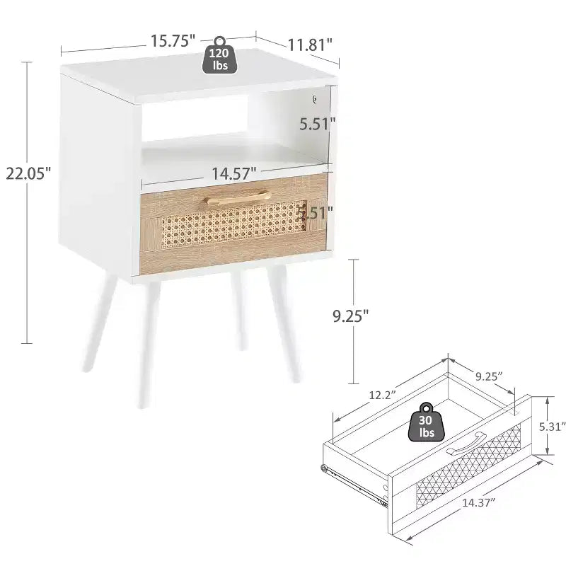 15.75 Rattan End table with Drawer and Solid Wood Legs, Modern Nightstand, Side Table for Living Roon, Bedroom-ModernLuxe