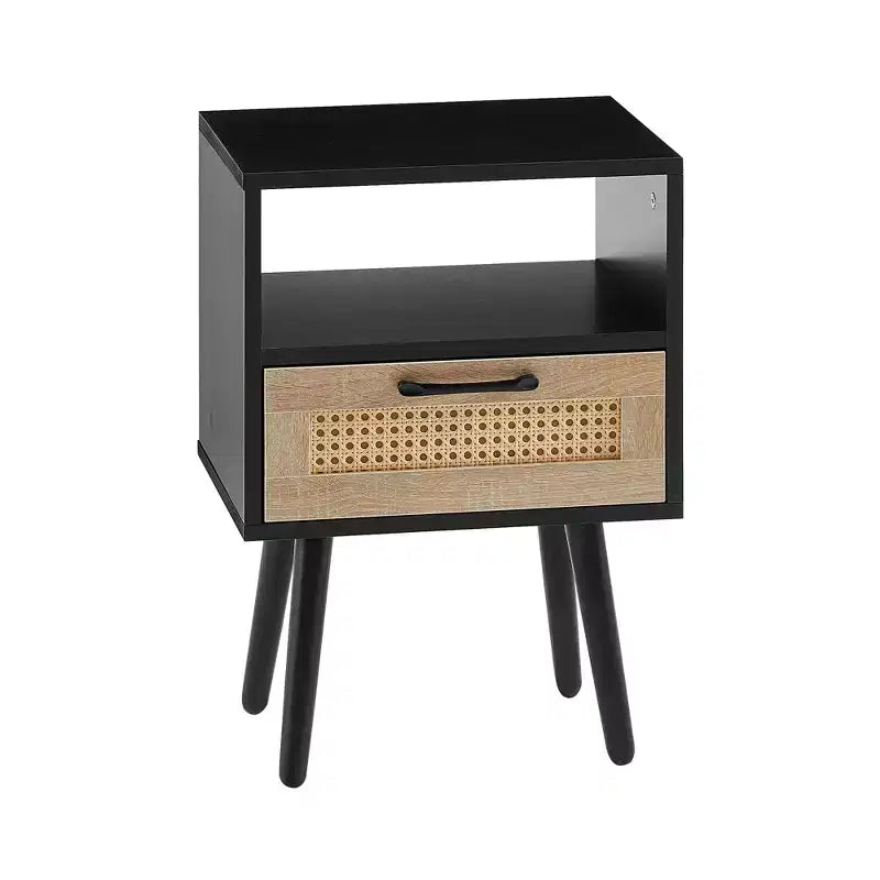 15.75 Rattan End table with Drawer and Solid Wood Legs, Modern Nightstand, Side Table for Living Roon, Bedroom-ModernLuxe