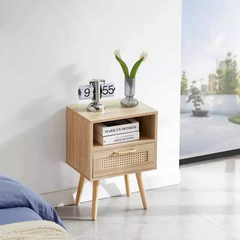 15.75 Rattan End table with Drawer and Solid Wood Legs, Modern Nightstand, Side Table for Living Roon, Bedroom-ModernLuxe