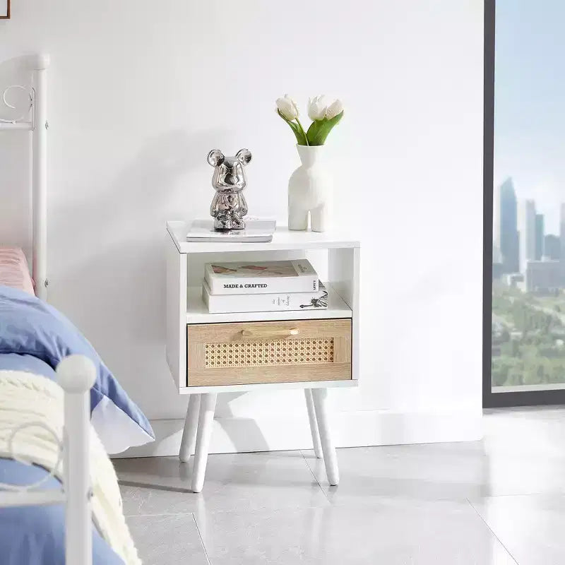 15.75 Rattan End table with Drawer and Solid Wood Legs, Modern Nightstand, Side Table for Living Roon, Bedroom-ModernLuxe